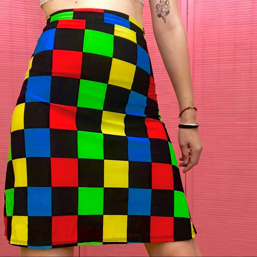 80s NEON CHECKERED PENCIL SKIRT